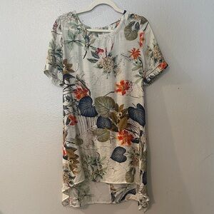 Floral Short-Sleeve Tunic Dress - Cream with Multicolor Floral Print